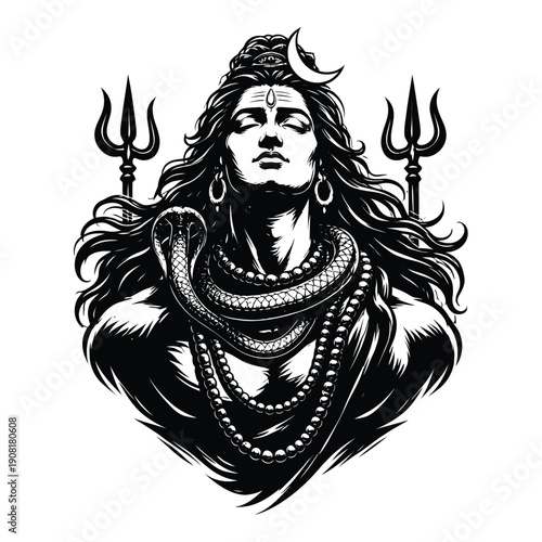 Ancient deity with serpent and tridents, illustration of 1 eps style