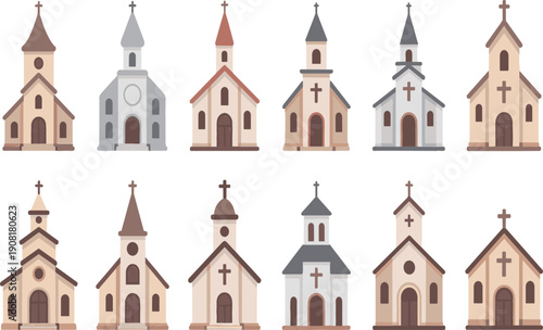 Church building vector set with different architectural styles, religious Christian chapel icons in flat cartoon style for web, print, and education use
