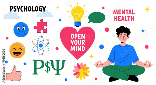 A person meditates surrounded by psychology and mental health symbols and emojis.