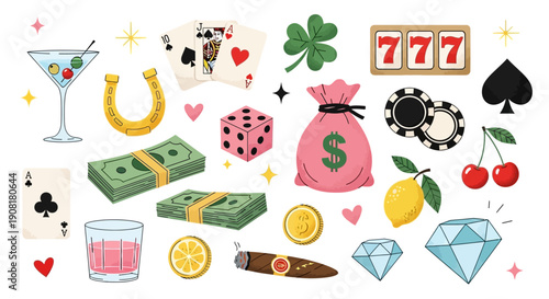 Casino symbols and objects scattered on a table indoors