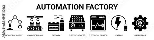 Automation Factory web banner icon vector illustration concept with icon of industrial robot, manufacturing, factory, electro devices, electrical sensor, energy, and green tech.