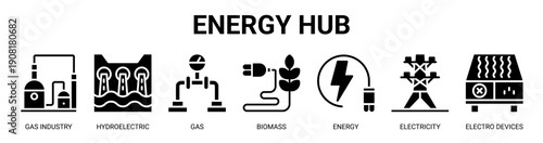 Energy Hub web banner icon vector illustration concept with icon of gas industry, hydroelectric, gas, biomass, energy, electricity, and electro devices.