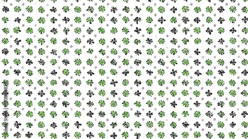 Intricate decorative and symmetrical geometric floral patterns featuring green and black flower shapes and subtle gray diamond accents on a clean white surface ideal for textile or wallpaper design