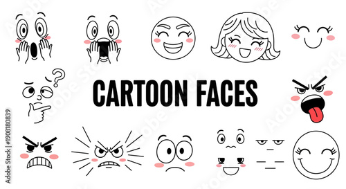 Various cartoon faces display different emotions and expressions on white