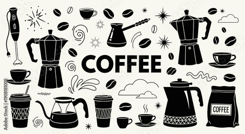 Coffee beans and coffee makers fill the scene with various brews