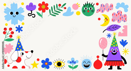 A colorful party scene with cartoon dog, monster, and various decorations.