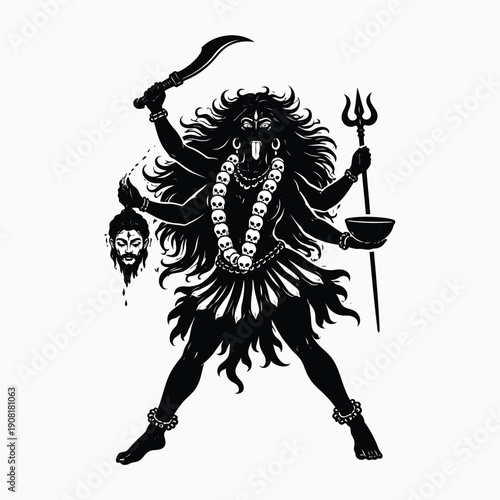 Kali illustration featuring fierce deity with multiple arms holding sword and skull, standing in powerful stance
