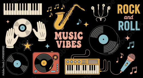 Music symbols and objects arranged on black background for rock and roll