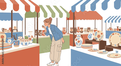 Woman Browsing Pottery Market Stalls with Floral Designs