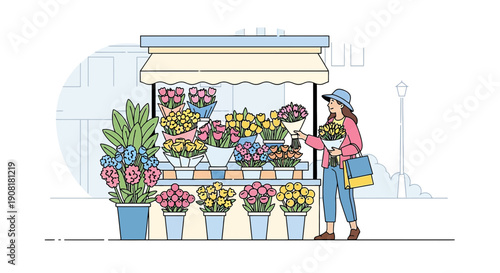 Woman Buying Flowers at a Street Stall - Floral Illustration