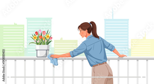 Woman Cleaning Balcony Railing Beside Potted Tulips with Cityscape Background