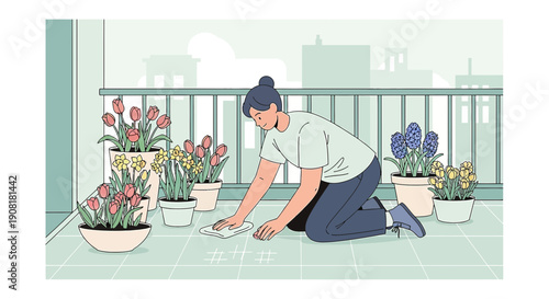 Woman cleaning balcony with blooming potted flowers, spring gardening concept