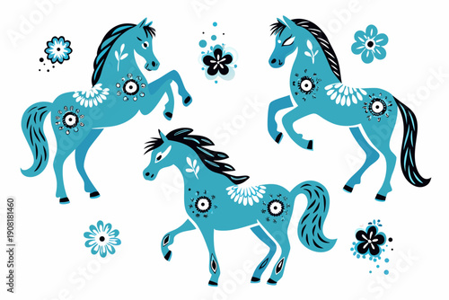 Stylized turquoise horses and flowers in a decorative folk art design