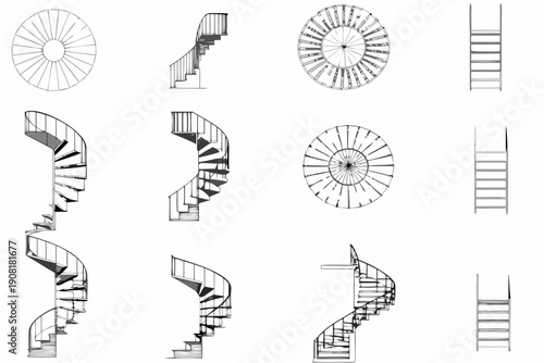 Architectural drawings of spiral staircases in various perspectives and sections