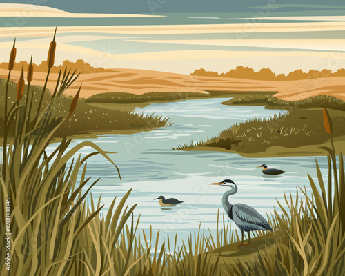 Serene wetland scene featuring herons and ducks in a tranquil river landscape
