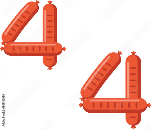 Number Four Made of Sausages – Food Typography Illustration with Grilled Sausage Digit for Restaurant, Menu, and BBQ Design