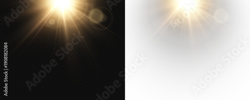 Bright sunlight rays with warm golden glow and lens flare effect isolated on transparent and light background. Radiant sun beams with soft illumination create natural lighting overlay in PNG format.