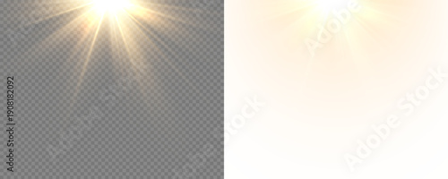 Golden sun rays shining from above with soft glow and realistic flare. Natural light overlay for photography and design in PNG format. PNG sunlight.