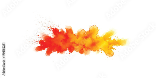 A vibrant burst of red, orange, and yellow powder creating an abstract, dynamic gradient effect on a white background