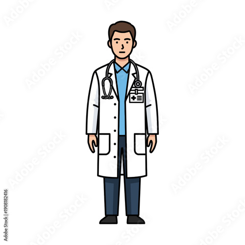Friendly Male Clinician in White Lab Coat Facing Forward with Stethoscope