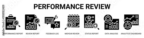 Performance Review web banner icon vector illustration concept with icon of performance report, review report, feedback log, midyear review, status report, data analysis, and analytics dashboard.