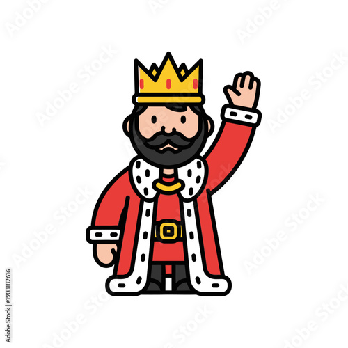 Cartoon King Waving Hand Wearing Crown and Red Royal Robe