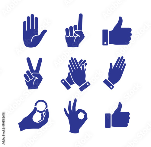 Blue hand gesture icons on white background for communication and expression