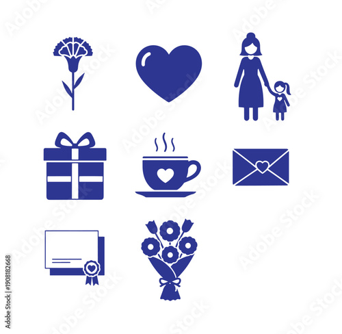 Blue icons of heart gift bouquet flower cup and certificate on white background