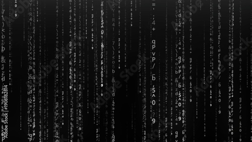 Vertical streams of symbols move across a dark background, creating the feeling of a hidden digital world. The illustration evokes an encrypted reality, machine computing, algorithms, and endless data