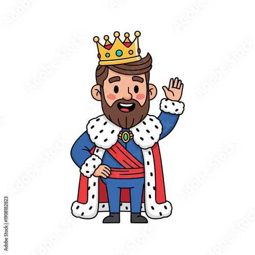 Cartoon King Waving Hand, Wearing Crown and Royal Robes, Isolated on White