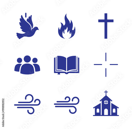 Blue religious and spiritual icons on white background  dove flame cross people book wind church symbols