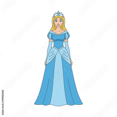 Cute cartoon princess wearing a blue ball gown and crown, isolated on white.