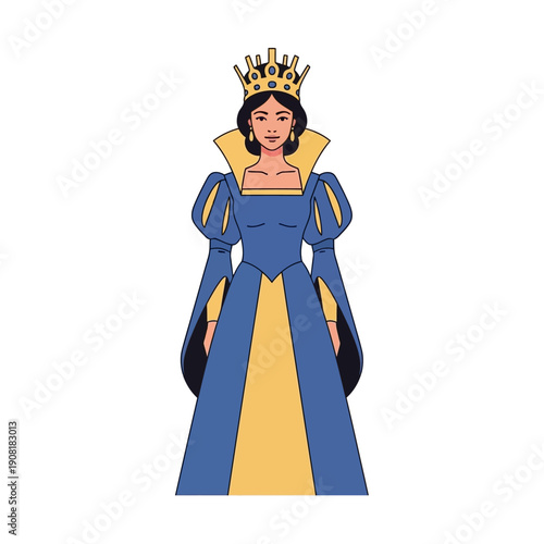 Royal Queen in Blue and Gold Gown with Crown - Illustration