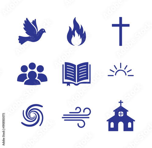 blue religious symbols icons set including dove flame cross people book sun church wind spiral