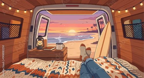 View from inside open camper van trunk looking at beach sunset vanlife concept.