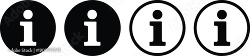 Set of four minimalist information icons, circular design, white 'i' on black background and black 'i' on white background variations