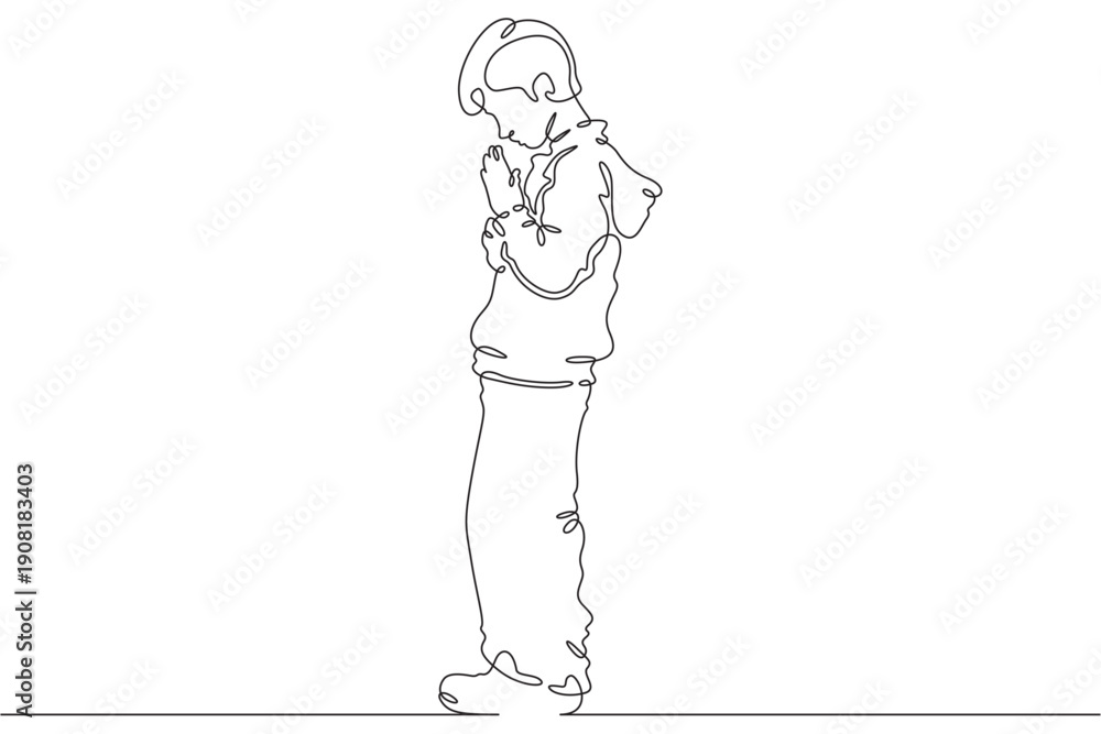 Fototapeta premium Continuous single line drawing child praying.Praying teenager.Church.Faith.Religion. Linear.One continuous line isolated minimalist illustration. Not AI.