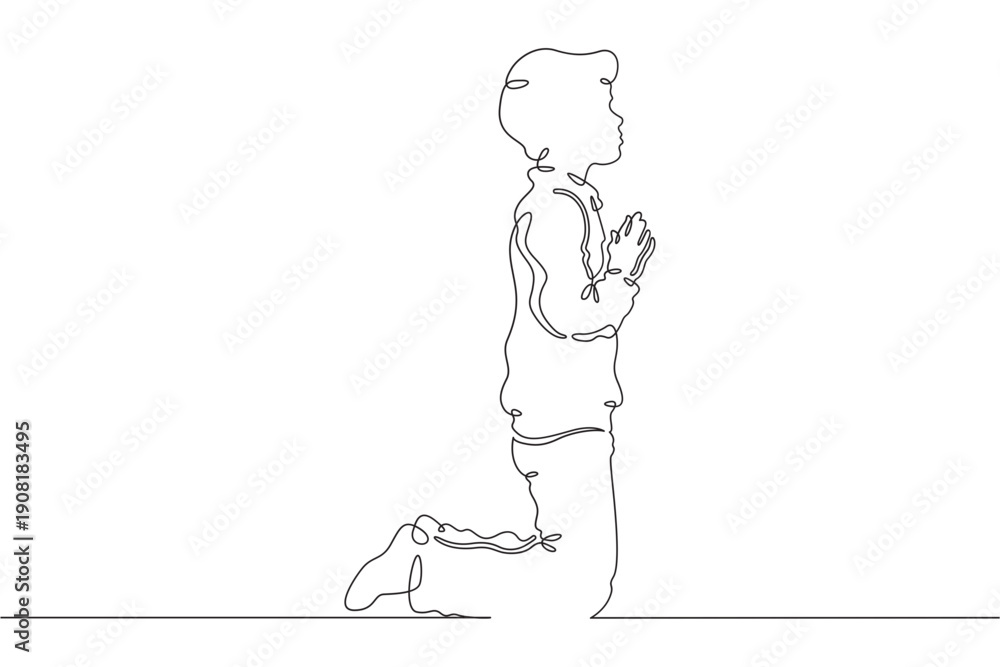 custom made wallpaper toronto digitalContinuous single line drawing child praying.Praying teenager.Church.Faith.Religion. Linear.One continuous line isolated minimalist illustration. Not AI.