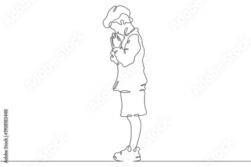 Wallpaper Mural Continuous single line drawing child praying.Praying teenager.Church.Faith.Religion. Linear.One continuous line isolated minimalist illustration. Not AI. Torontodigital.ca