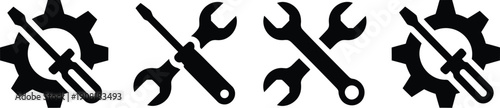 Minimalist Set of Black Icons Featuring Crossed Tools and Gears for Maintenance and Repair Services