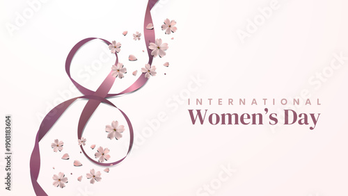 International Women’s Day design with a dusty rose ribbon shaped as number 8 with soft floral elements. Perfect for posters, banners, greetings, and celebration. Vector illustration design.
