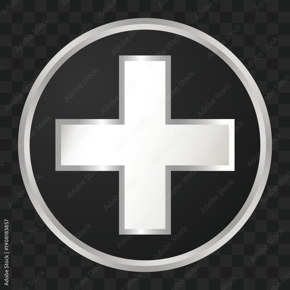 Obraz premium A shiny metallic silver-framed black circle containing a prominent white plus sign, set against a transparent background.