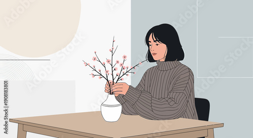 Woman Arranging Spring Blossoms in a Minimalist Vase, Gentle Interior Scene