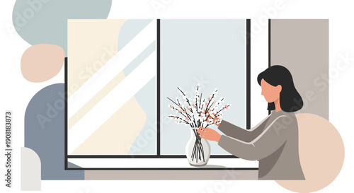Woman arranging white flowers in vase by window, minimalist illustration