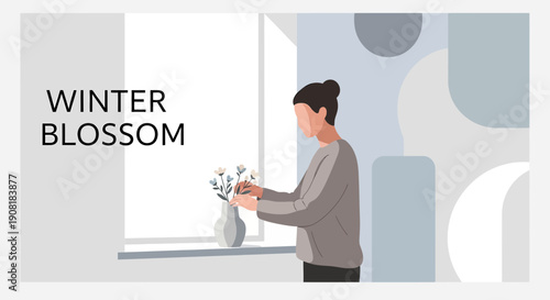 Woman arranging winter blossom flowers by the window, minimalist illustration style