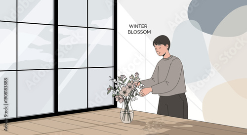 Woman Arranging Winter Blossom Flowers by Large Window