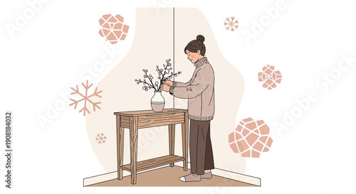 Woman Arranging Winter Branches In Vase, Cozy Indoor Scene, Minimalist Illustration