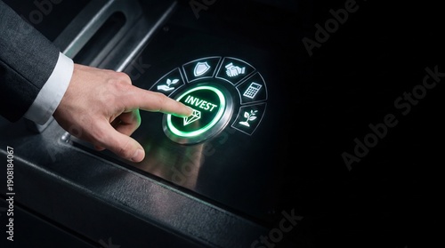 Businessman finger pressing illuminated invest button on futuristic dashboard conveying financial growth and decision making