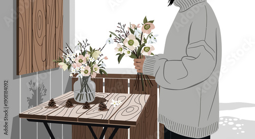 Woman Arranging Winter Flowers Bouquet on Table, Cozy Sweater, Minimalist Illustration