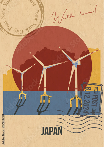 Japan Wind Farm Attraction Postcard, Japanese Offshore Wind Power Popular Place Illustration, Vector Template Retro Style Greeting Card. Vintage Colors, Aged Paper Texture